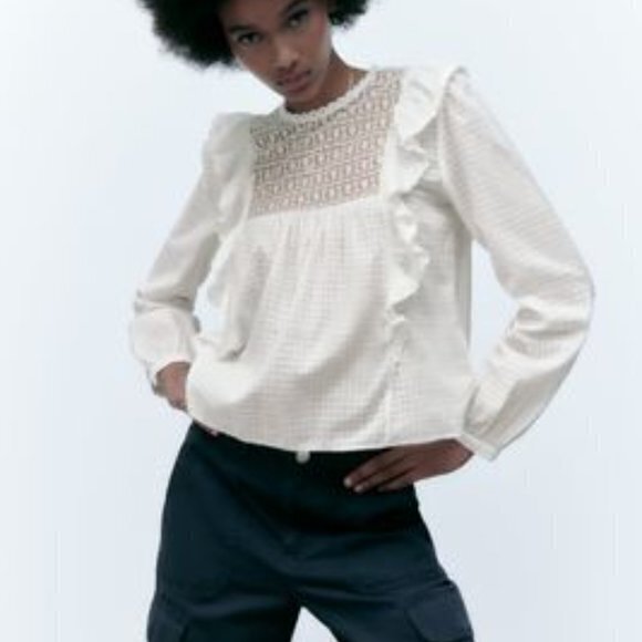 NEW Zara RUFFLED FLOWY BLOUSE  Top Ivory Womens Size M Long‎ Sleeve Embroidered - Picture 1 of 3